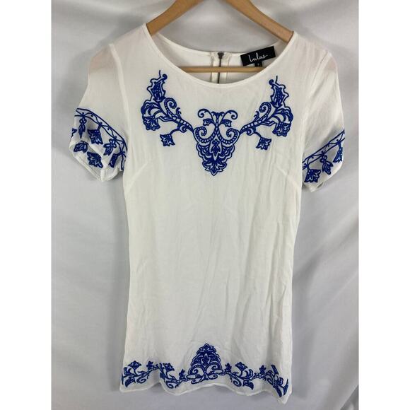 Lulu's Tale to Tell Blue & Ivory Embroidered Shift Mini Dress Small - Picture 2 of 4